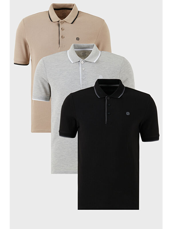 Buratti Pamuklu Slim Fit Şerit Detaylı Düğmeli Polo Yaka 3'lü Paket %100 Pamuk Tişört 5902118S3