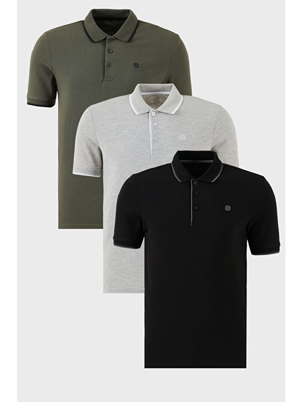 Buratti Pamuklu Slim Fit Şerit Detaylı Düğmeli Polo Yaka 3'lü Paket %100 Pamuk Tişört 5902118S3