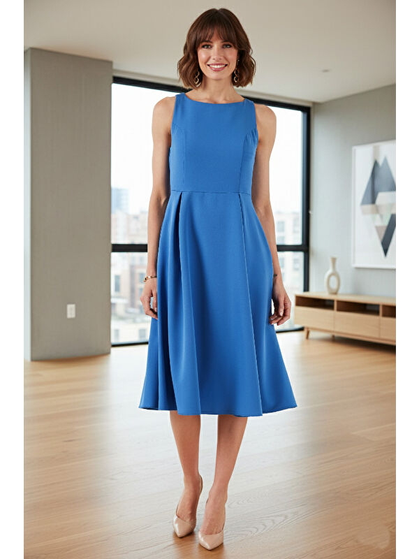 Lela Regular Fit Bisiklet Yaka Cepli Pileli Midi Boy Kadın Elbise 6111963