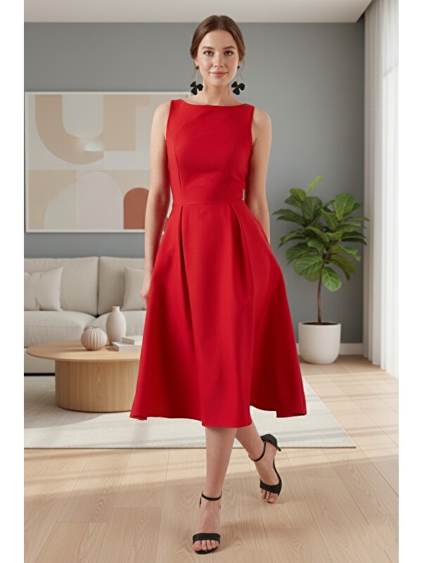 Lela Regular Fit Bisiklet Yaka Cepli Pileli Midi Boy Kadın Elbise 6111963