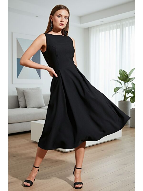 Lela Regular Fit Bisiklet Yaka Cepli Pileli Midi Boy Kadın Elbise 6111963