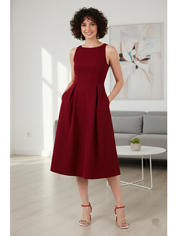 Lela Regular Fit Bisiklet Yaka Cepli Pileli Midi Boy Kadın Elbise 6111963