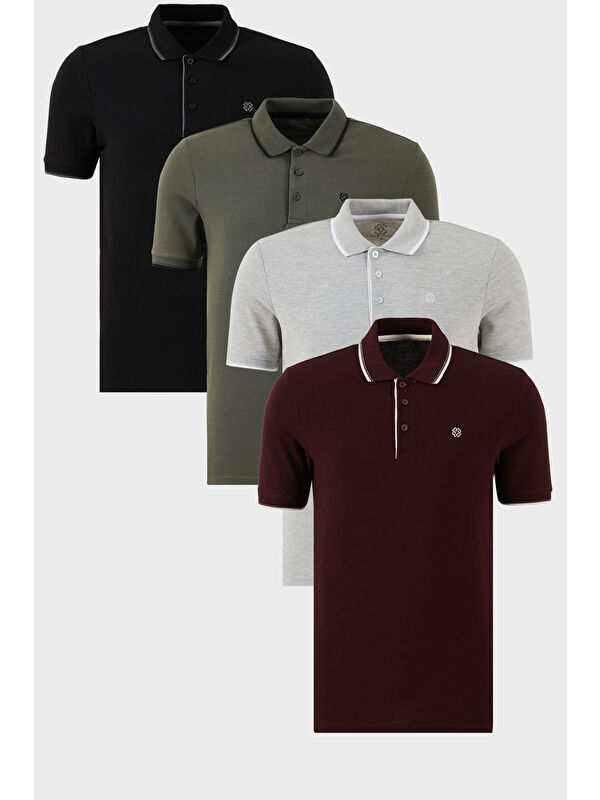 Buratti Pamuklu Slim Fit Şerit Detaylı Düğmeli Polo Yaka 4'lü Paket %100 Pamuk Tişört 5902118S4