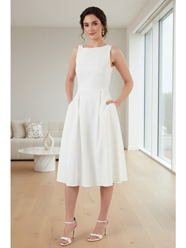 Lela Regular Fit Bisiklet Yaka Cepli Pileli Midi Boy Kadın Elbise 6111963