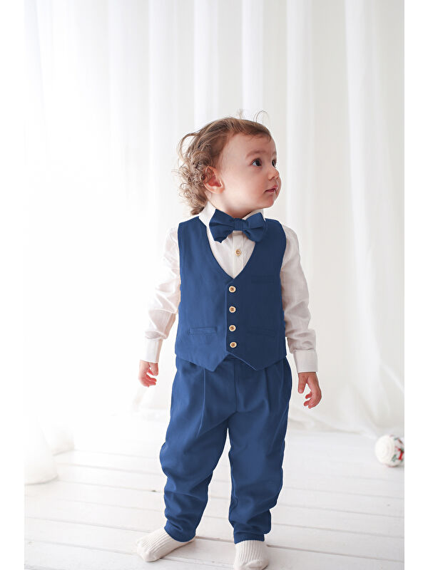 Catz Kids Erkek Çocuk Takım - İndigo Mavi Gabardin Yelekli Askılı 4'lü Set ( %100 Pamuk )