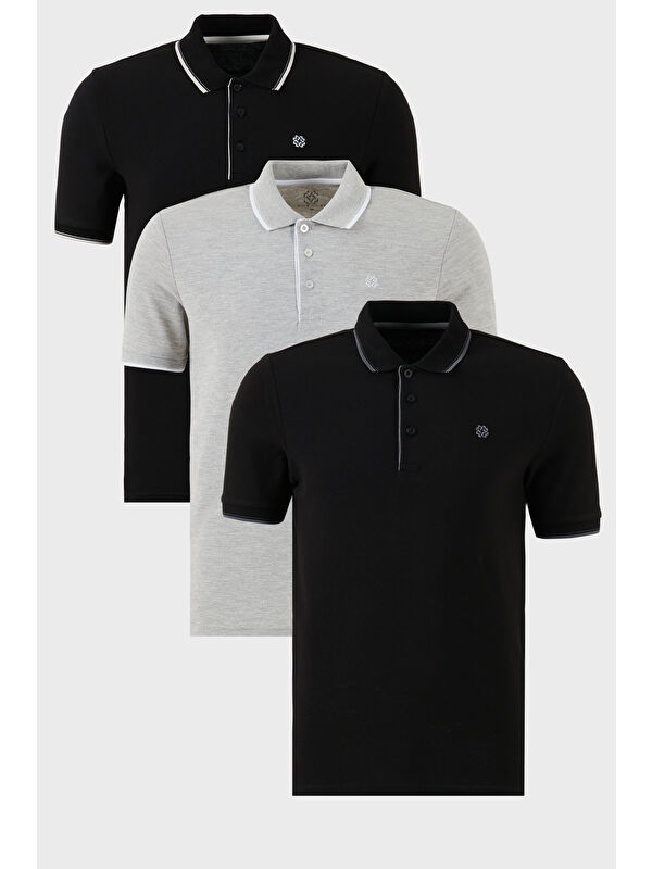 Buratti Pamuklu Slim Fit Şerit Detaylı Düğmeli Polo Yaka 3'lü Paket %100 Pamuk Tişört 5902118S3