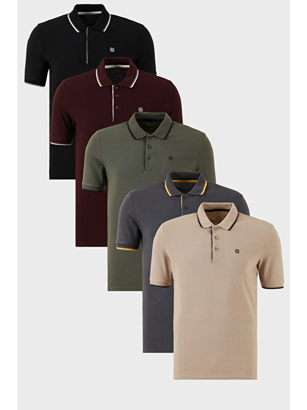 Buratti Pamuklu Slim Fit Şerit Detaylı Düğmeli Polo Yaka 5'li Paket %100 Pamuk Tişört 5902118S5