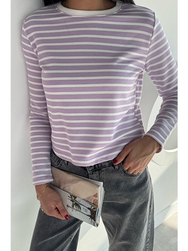 Gülseli Kadın Bisiklet Yaka Çizgi Desenli Sweatshirt