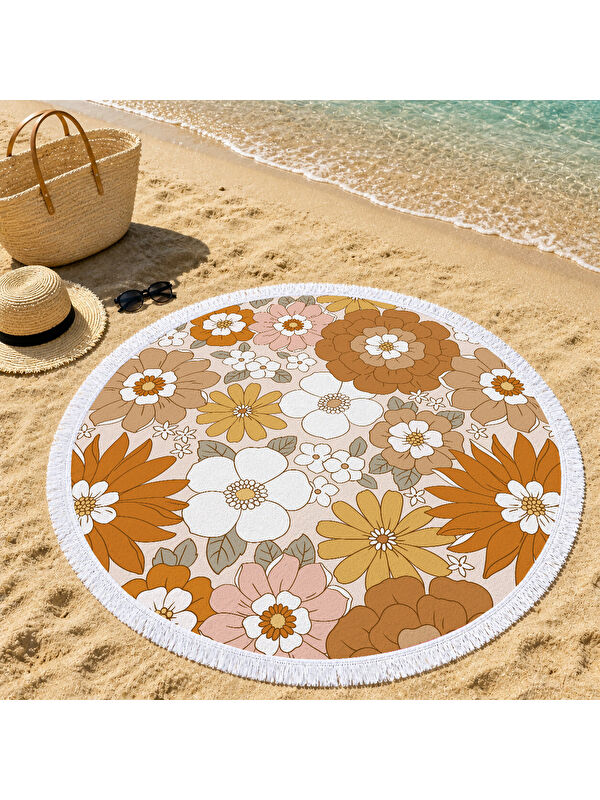 Milbay Grup Retro Çiçek Desenli Boho Stil 150 cm Yuvarlak Plaj Havlusu