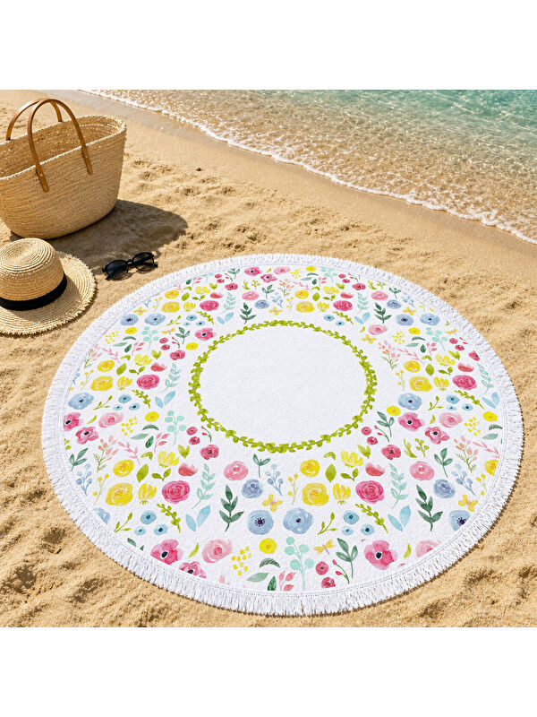 Milbay Grup Beyaz Zeminli Minimalist Çiçekli 150 cm Yuvarlak Plaj Havlusu