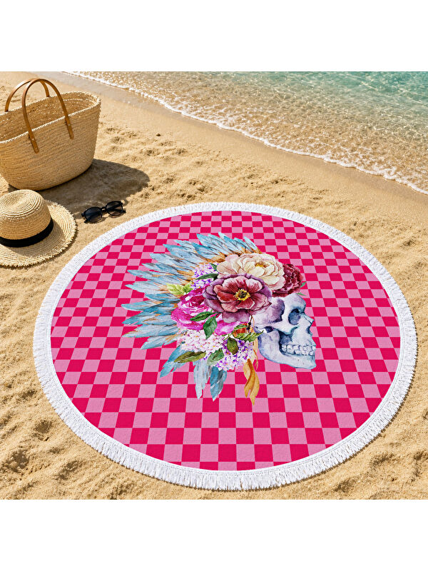 Milbay Grup Pembe Dama Zeminli Egzotik Kurukafa Desenli 150 cm Yuvarlak Plaj Havlusu