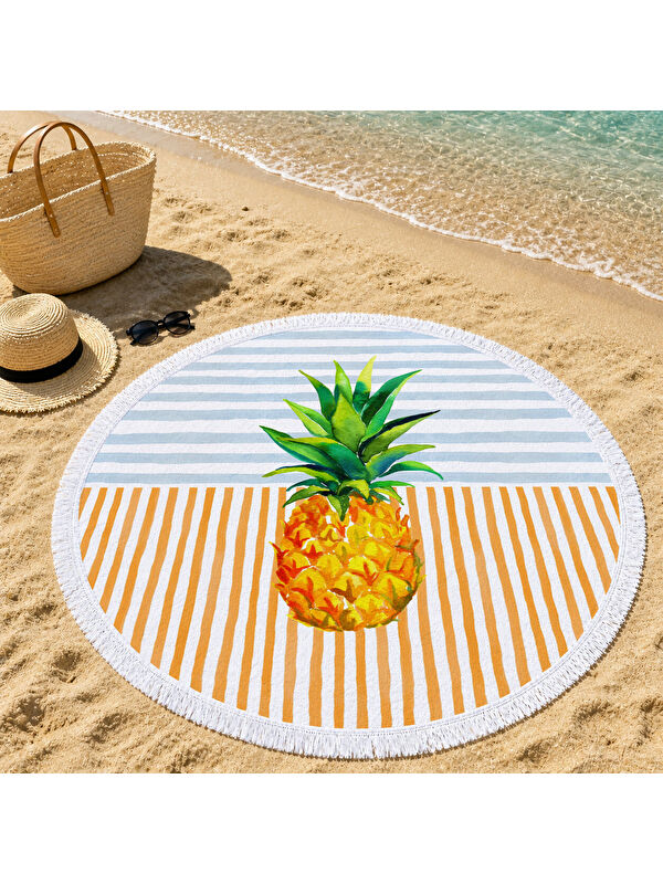 Milbay Grup Çizgili Modern Ananas Desenli 150 cm Yuvarlak Plaj Havlusu