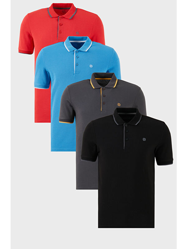 Buratti Pamuklu Slim Fit Şerit Detaylı Düğmeli Polo Yaka 4'lü Paket %100 Pamuk Tişört 5902118S4