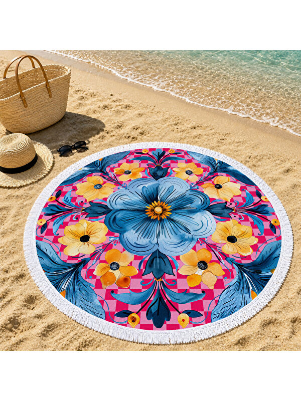 Milbay Grup Mavi ve Pembe Büyük Çiçek Desenli 150 cm Yuvarlak Plaj Havlusu