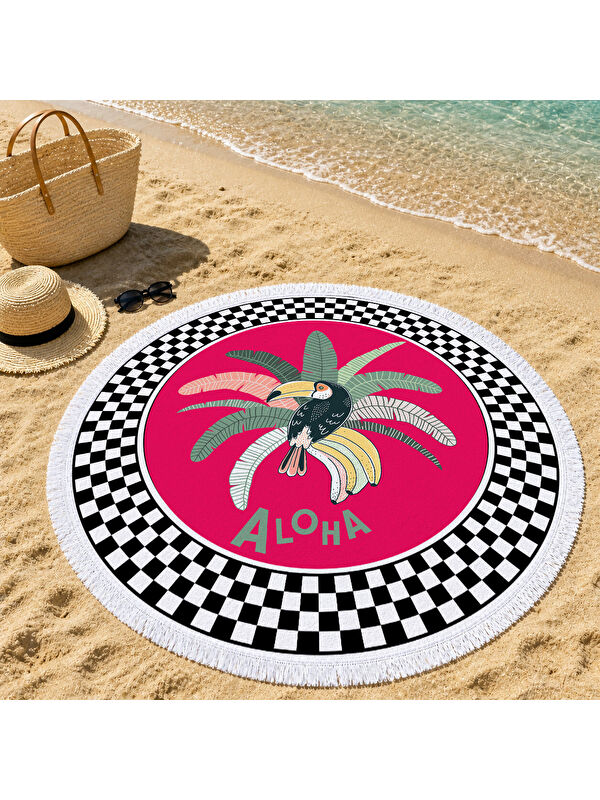 Milbay Grup Aloha Temalı Pembe Tropikal Desenli 150 cm Yuvarlak Plaj Havlusu