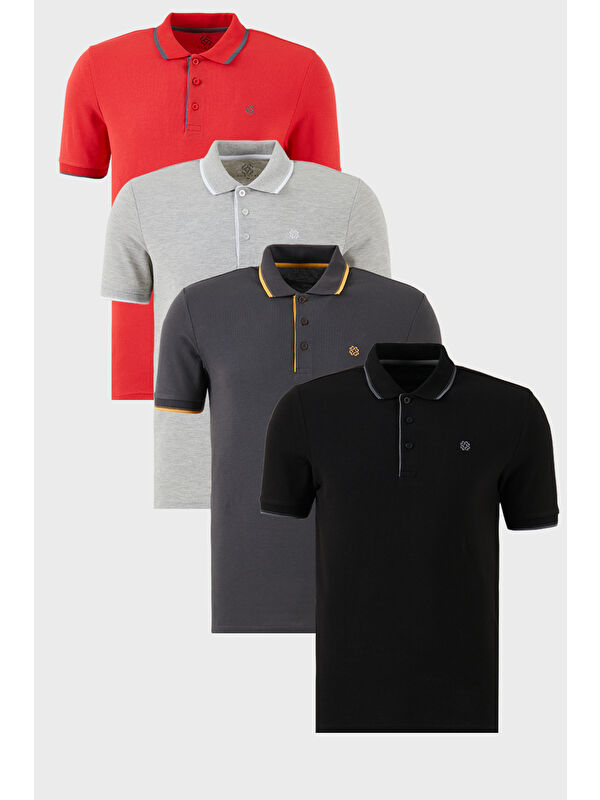 Buratti Pamuklu Slim Fit Şerit Detaylı Düğmeli Polo Yaka 4'lü Paket %100 Pamuk Tişört 5902118S4