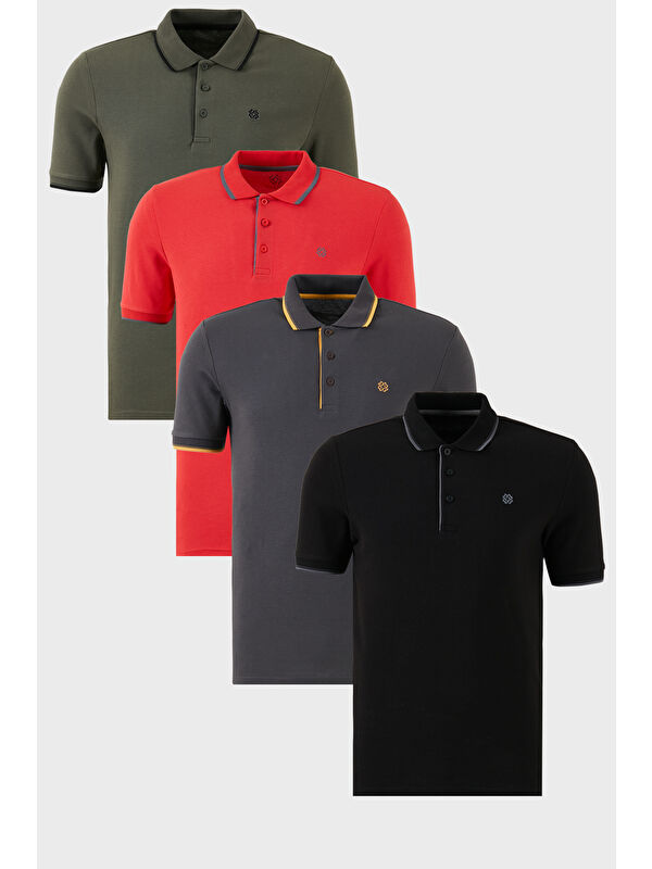 Buratti Pamuklu Slim Fit Şerit Detaylı Düğmeli Polo Yaka 4'lü Paket %100 Pamuk Tişört 5902118S4