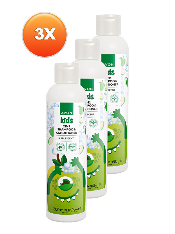 AVON Kids 2 si 1 Arada Çocuklar İçin Elma Kokulu Şampuan ve Saç Kremi 200 Ml. Üçlü Set