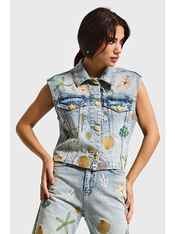 It's Basic Kadın Jean Rengi 4s6-65 Düz Kesim Özel Desen Nakışlı Tasarım Denim Yelek