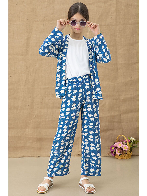 Cansın Mini Mavi Desenli Bluzlu Geniş Paça Pantolonlu Kız Çocuk 3lü Takım 20760