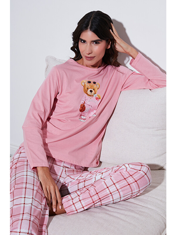 Lela Pamuklu Regular Fit Baskılı Bisiklet Yaka Pijama Takımı 65723314