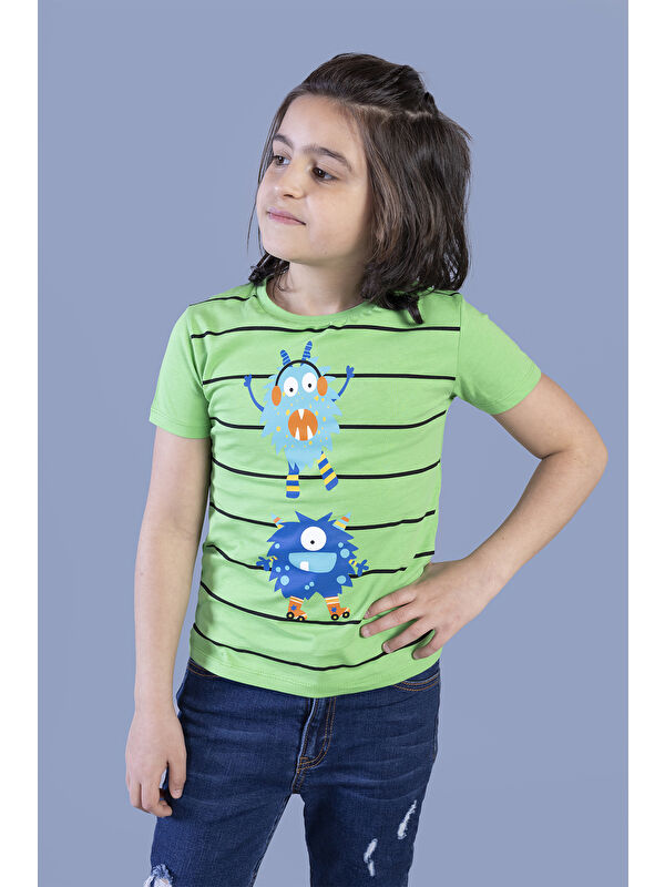 Toontoykids Erkek Çocuk Çizgili Canavar Baskılı Tişört