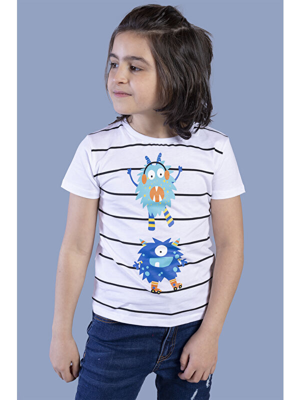 Toontoykids Erkek Çocuk Çizgili Canavar Baskılı Tişört