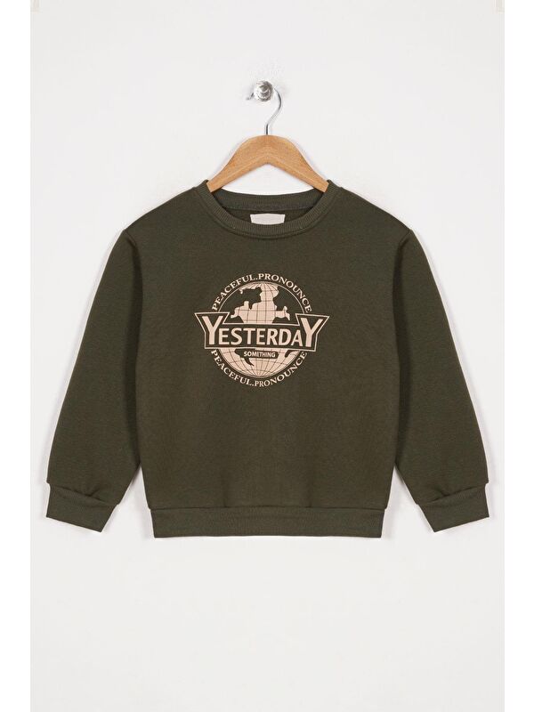 Zepkids Bisiklet Yaka Uzun Kol Yesterday Yazı Baskılı Haki Renk Kız Çocuk Sweatshirt