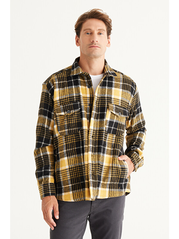 AC&Co / Altınyıldız Classics Erkek Sarı-Siyah Oversize Fit Geniş Kesim Düğmeli Yaka Ekose Gömlek Ceket