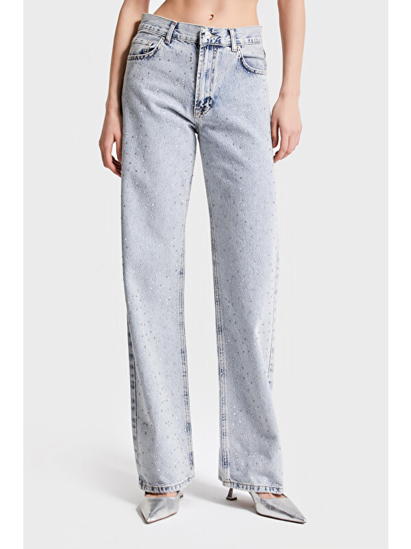 It's Basic Kadın Jean Rengi 3S5-3 Straight Fit Yüksek Bel Parlak Taşlı Denim Jean