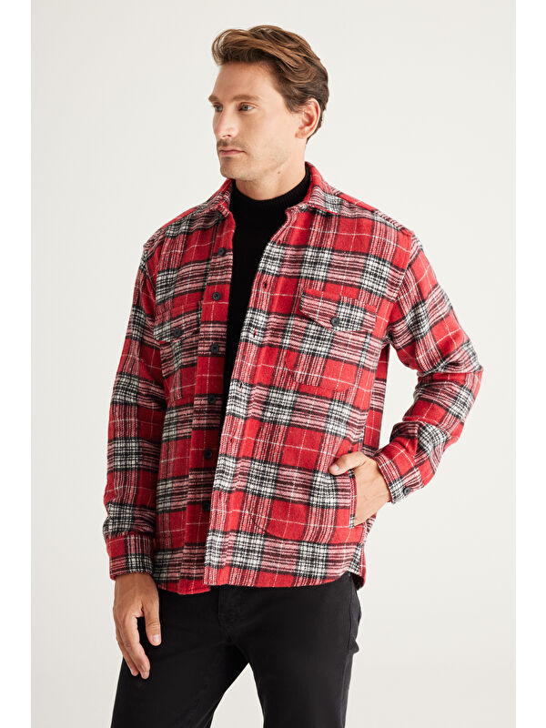 AC&Co / Altınyıldız Classics Erkek Kırmızı Oversize Fit Geniş Kesim Düğmeli Yaka Ekose Gömlek Ceket