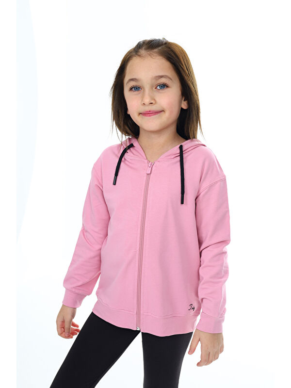 Toontoykids Kız Çocuk Kapüşonlu Fermuarlı Cepli Düşük Omuz Nakış Baskılı Örme Hırka - 2 İplik