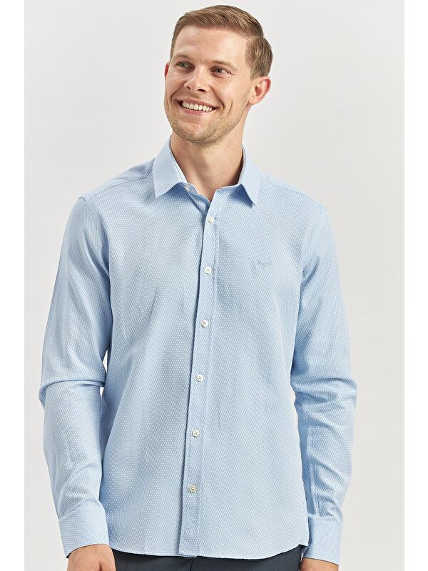 İMZA Mavi Uzun Kol Kendinden Desenli Armürlü 032 Sert Yaka Casual Slim Fit Gömlek 1004240249