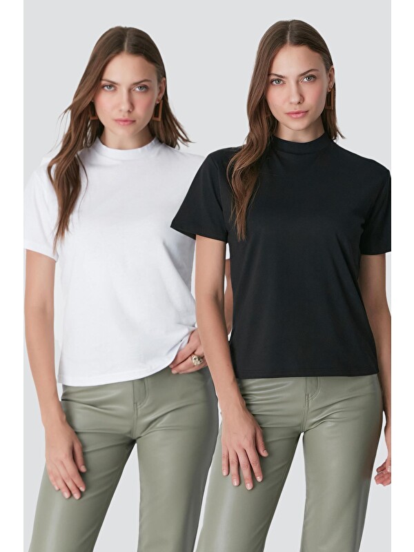 C&City Dik Yaka Kısa Kol 2'li Basic T-Shirt 957 Siyah/Beyaz