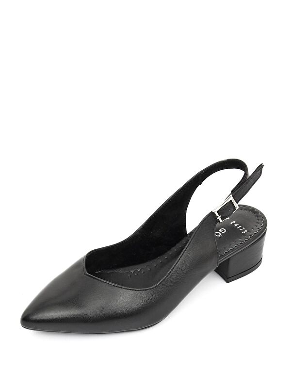 SİYAH Hakiki Deri Sivri Burun Kısa Kalın Topuklu Arkası Açık Kadın Yazlık Ayakkabı 24173 - Görsel 9