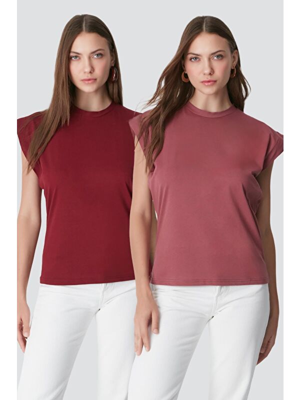 C&City Bisiklet Yaka Kısa Kol 2'li Basic T-Shirt 958 Gül Kurusu/Bordo