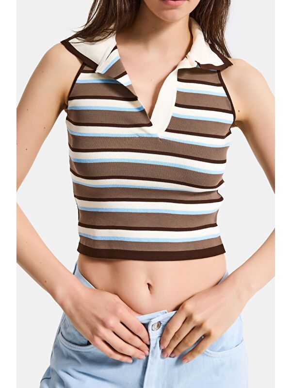 It's Basic Kadın Mavi Kahve s6-103 Crop Fit Polo Yaka İnce Yazlık Triko Body