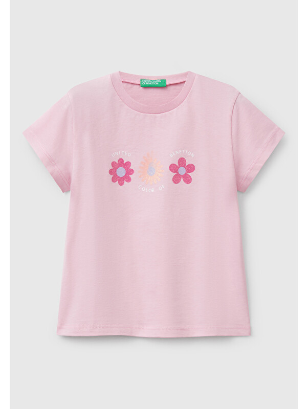 United Colors Of Benetton Kız Çocuk Pembe Simli Benetton Logo Baskılı Tişört