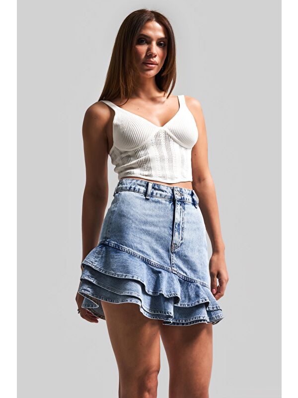 It's Basic Kadın Snow Jean Rengi 3S5-27 Volanlı %100 Pamuk Tasarım Denim Mini Etek