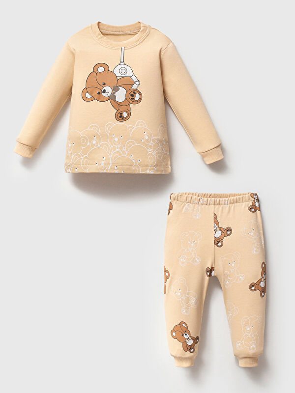 Mahfel Premium Pamuklu Krem Ayıcıklı Çocuk Pijama Takımı 1-6 Yaş