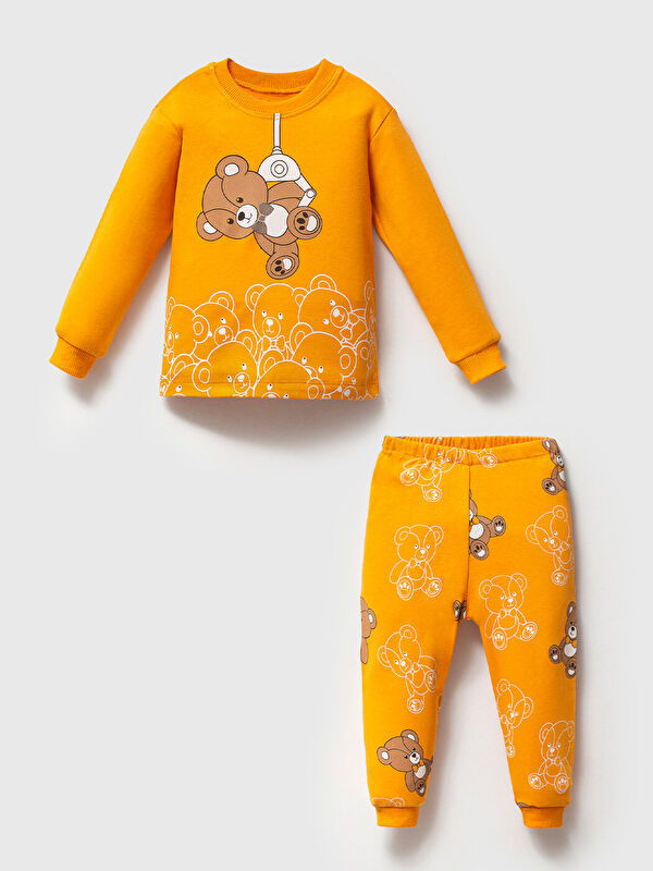 Mahfel Premium Turuncu Ayıcıklı Çocuk Pijama Takımı 1-6 Yaş