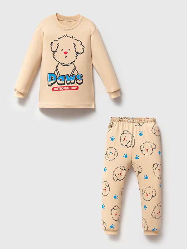 Mahfel Mevsimlik %100 Pamuklu Krem Köpekli Çocuk Pijama Takımı 1-6 Yaş