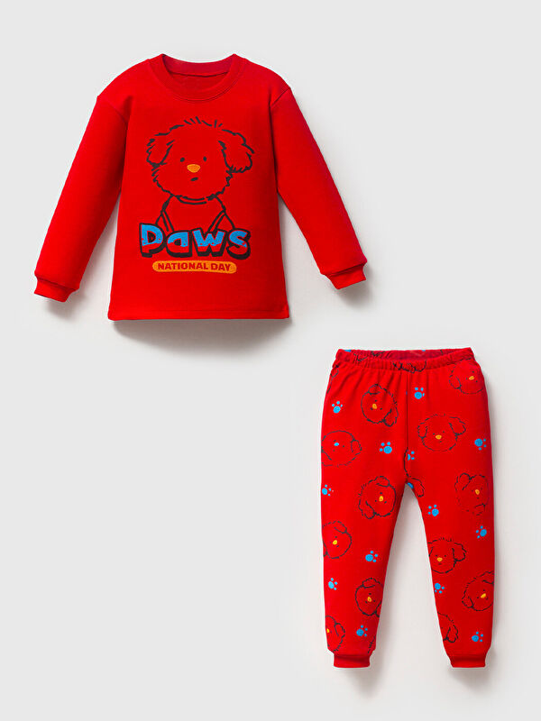 Mahfel %100 Pamuklu Premium Seri Kırmızı Köpekli Çocuk Pijama Takımı 1-6 Yaş