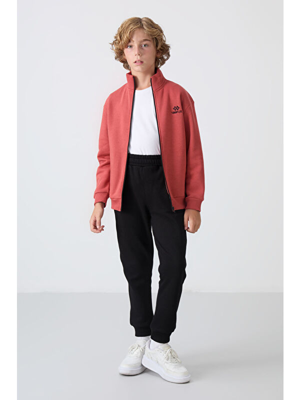Tommylife Kiremit-Siyah Pamuklu Kalın İçi Tüylü Yumuşak Dokulu Standart Fit Nakışlı Erkek Çocuk Eşofman Takım