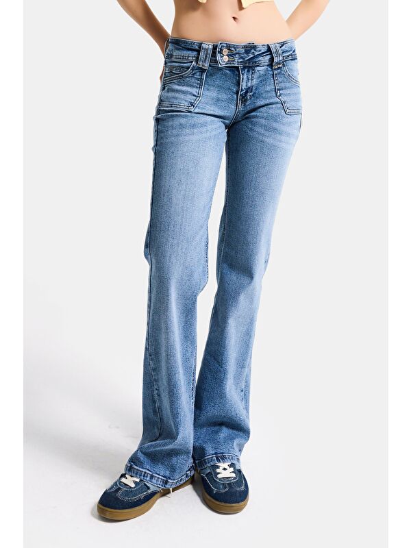 It's Basic Kadın Mavi 4s6-4 Flare Fit Düşük Bel Esnek Kumaş Denim Jean