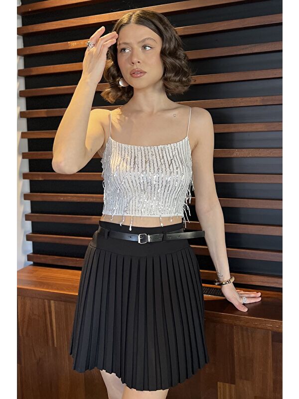 Gülseli Kadın İp Askılı Pul İşlemeli Crop Top Bluz