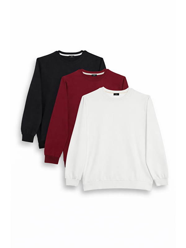 TUDORS Erkek 3'Lü Siyah-Bordo-Beyaz Relax Fit Rahat Kesim %100 Pamuk 2 İplik Bisiklet Yaka Sweatshirt