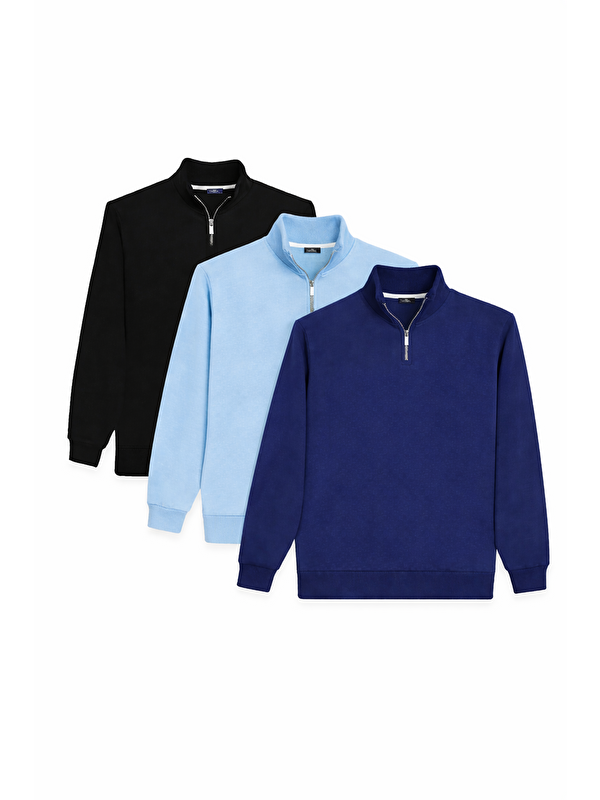 TUDORS Unisex 3'Lü Paket Siyah-Mavi-Lacivert Relax Fit Pamuklu Yarım Fermuarlı Dik Yaka Sweatshirt
