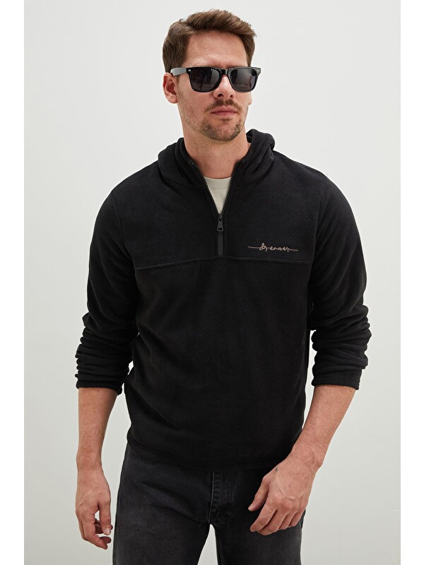 Fullamoda Yarım Fermuarlı Kapüşonlu Polar Sweatshirt