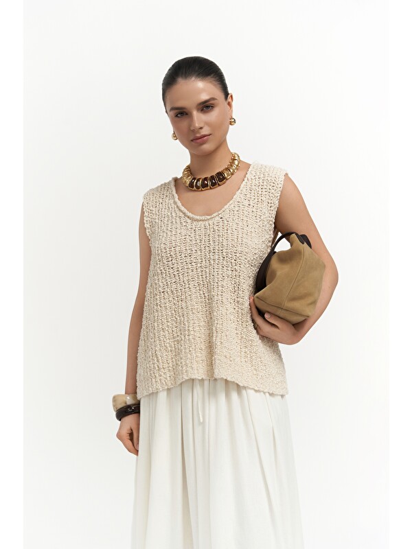 Bohemai Knitle Rahat Kalıp Triko Bej Crop